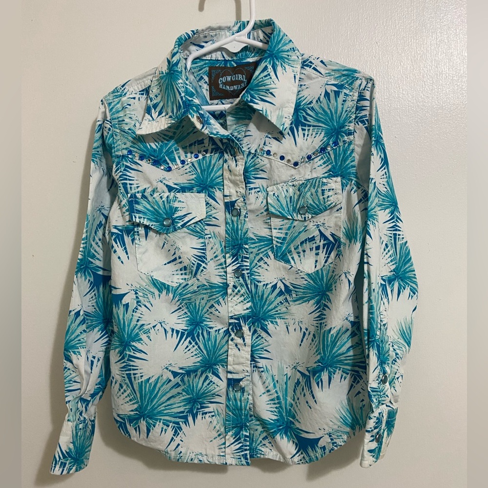 COWGIRL HARDWARE Teal Palm Print Western Shirt little girls XS
